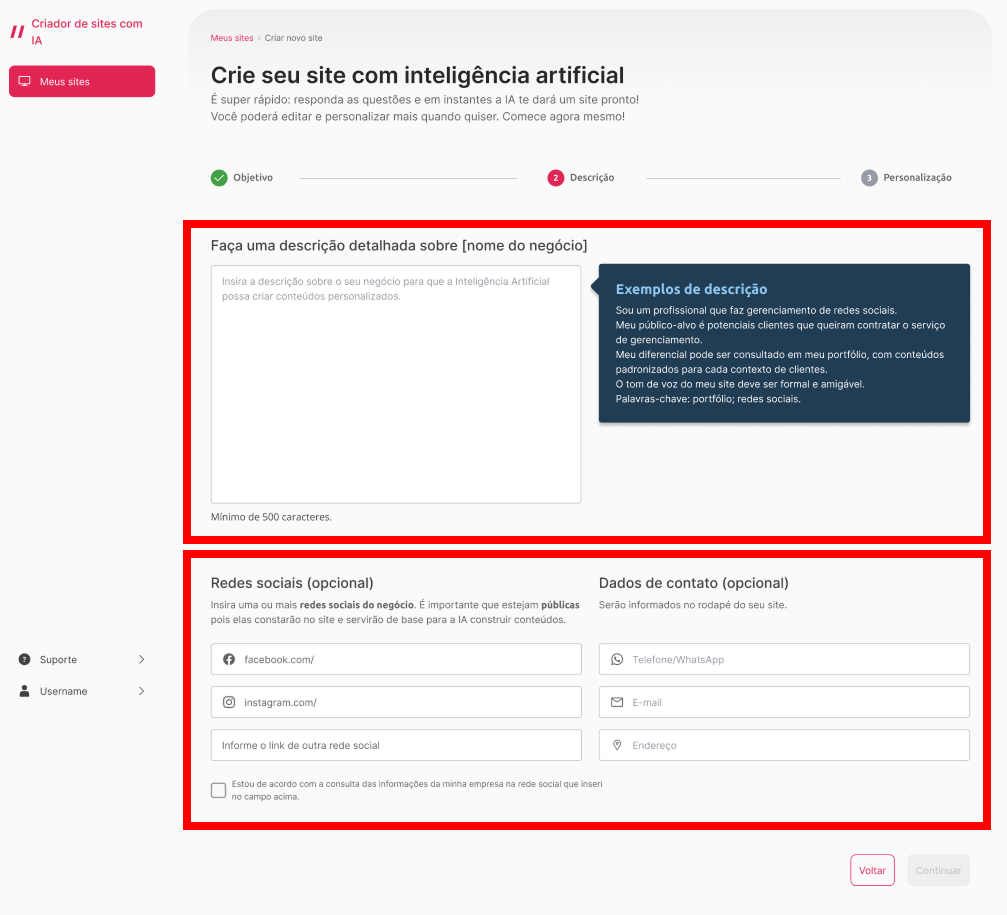 [Alt text: Imagem da segunda etapa de criação de um site. Um campo grande para digitar a descrição está na parte superior da página. Os campos para digitar as redes sociais e os dados de contato estão na área inferior da página.